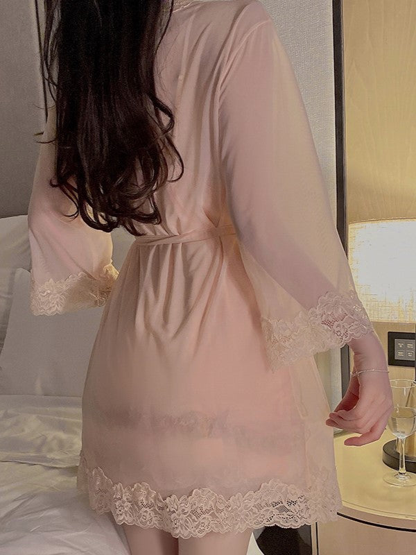 Pink Mesh Lace-Trim Robe