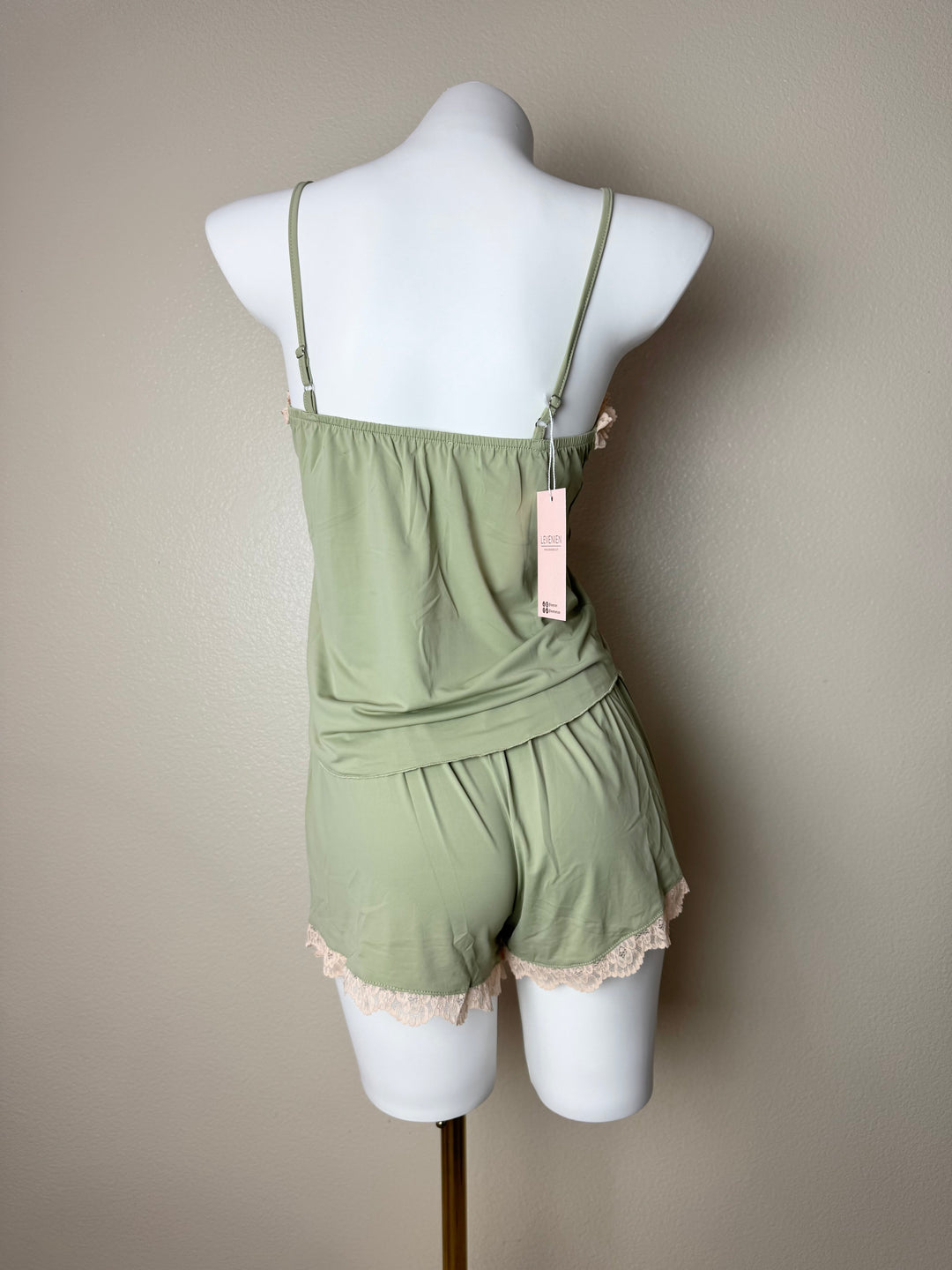 Green Stretchy Lace-Trim Cami Set back view