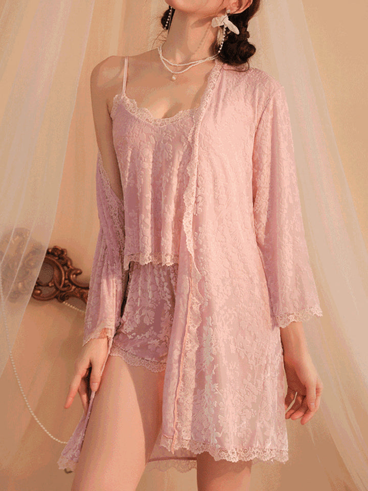 Velvet Lace-Trim Short Cami Set + Robe