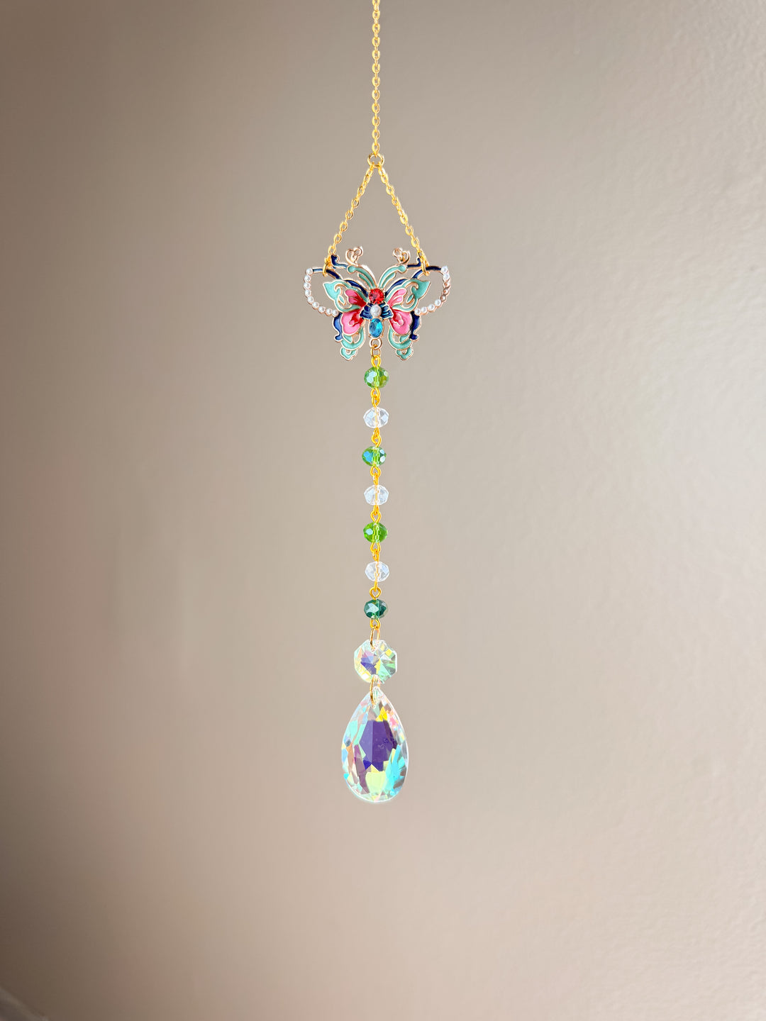 Green Pearl Butterfly Crystal Suncatcher