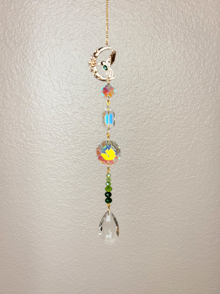 Green Crescent Bird Crystal Suncatcher