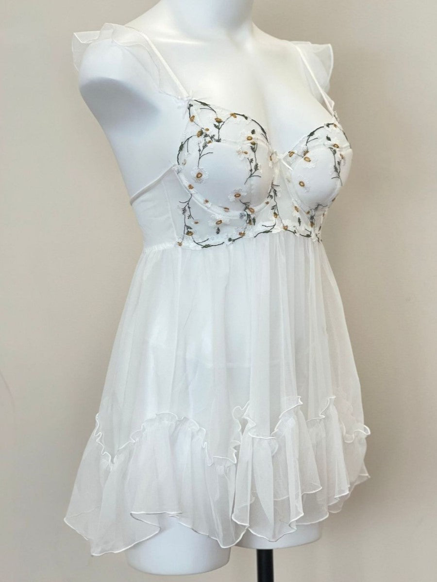 White Floral Embroidered Babydoll