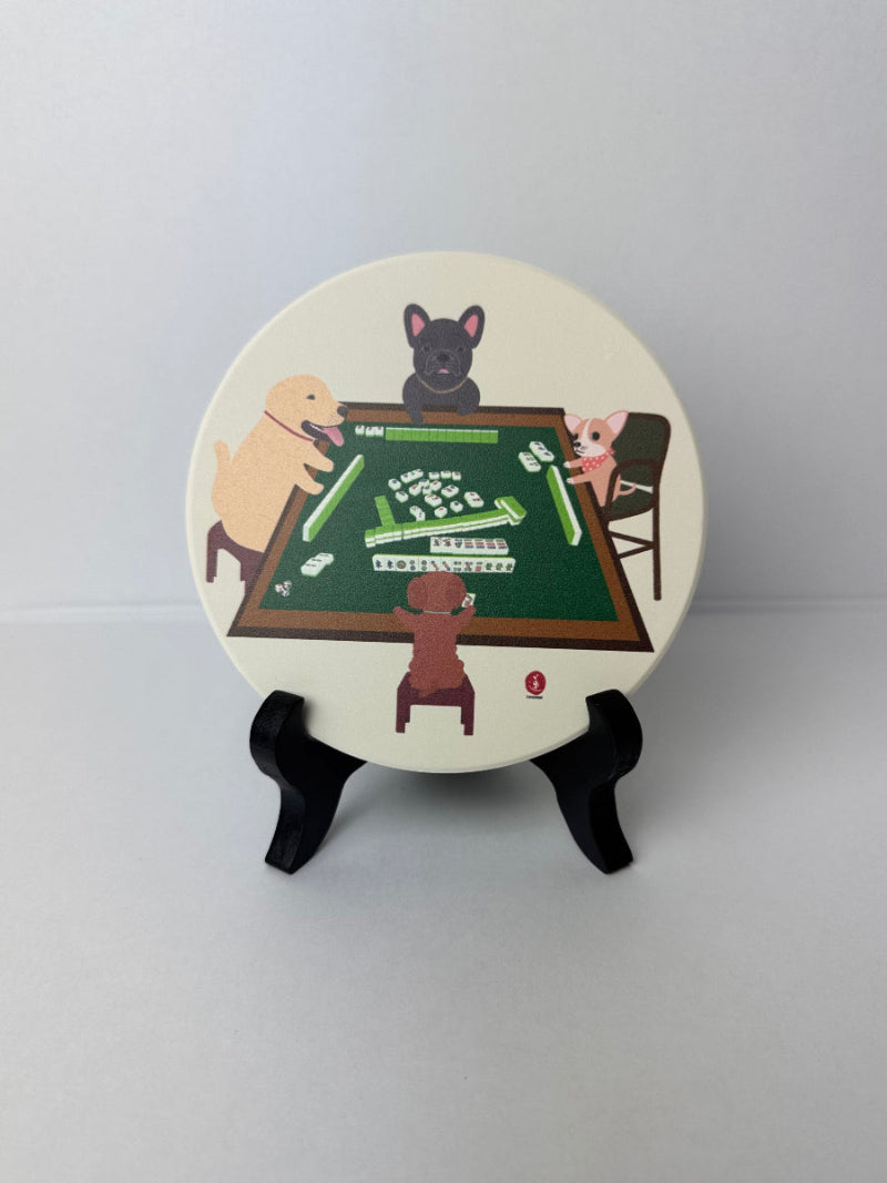 Dogs Playing Mahjong Ceramic Coaster | Asian-Inspired Art Décor by Levenien