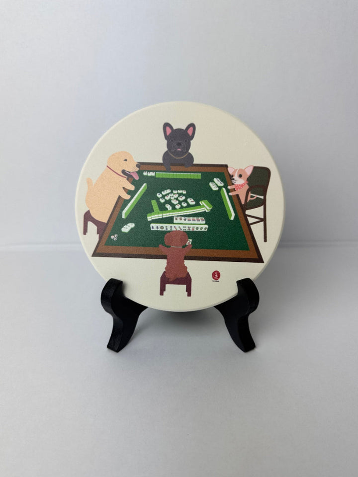 Dogs Playing Mahjong Ceramic Coaster | Asian-Inspired Art Décor by Levenien