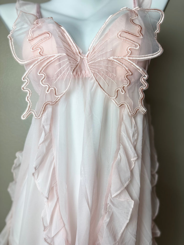 Asymmetrical Mesh Butterfly Babydoll - Pink Close Look