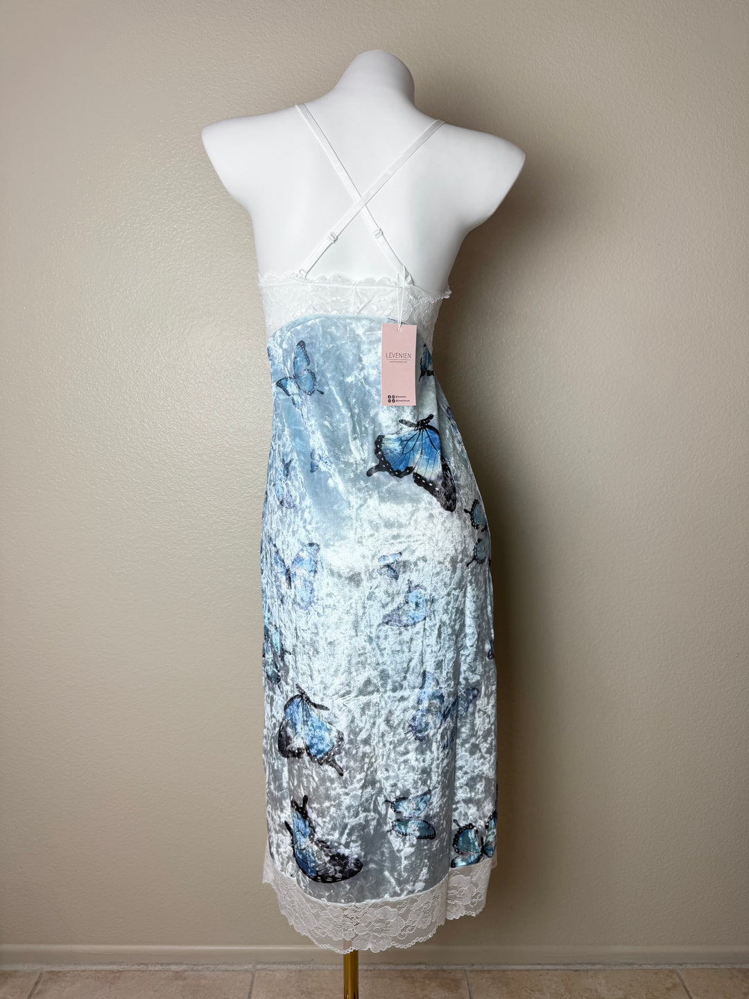 Blue Midi Velvet Butterfly Pattern Slip Back View