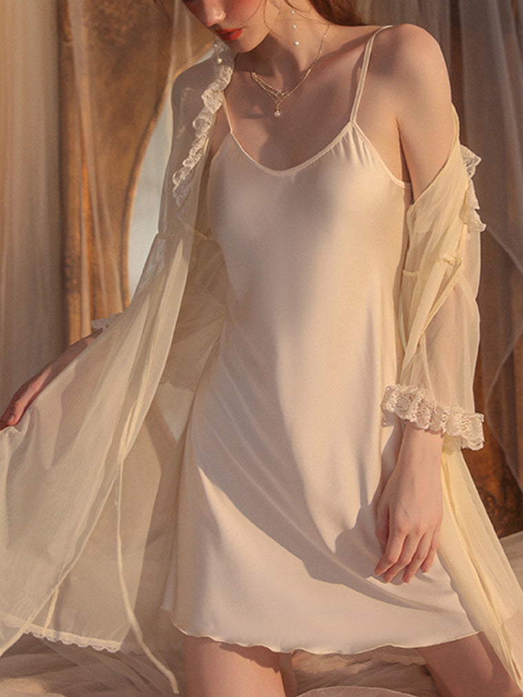 Champagne Lace-Trim See Through Mesh Robe