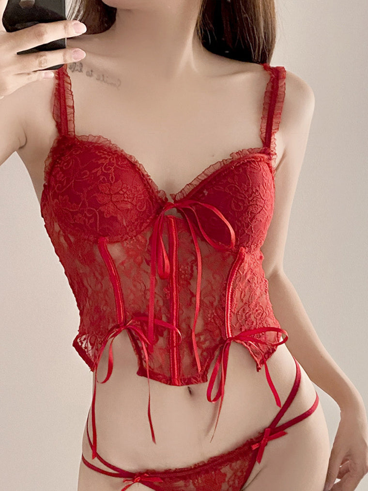 Red Floral Lace Corset Top with Panty