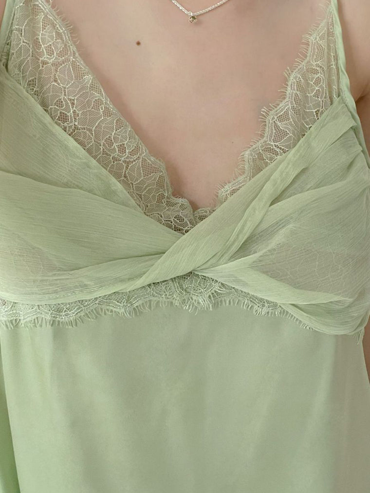 Green Mesh Fold Lace-Trim Slip