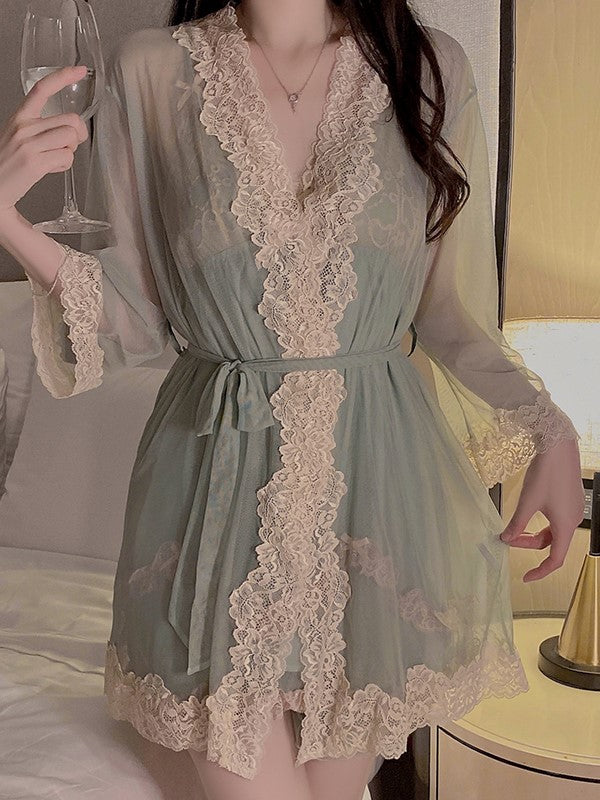 Green Mesh Lace-Trim Robe