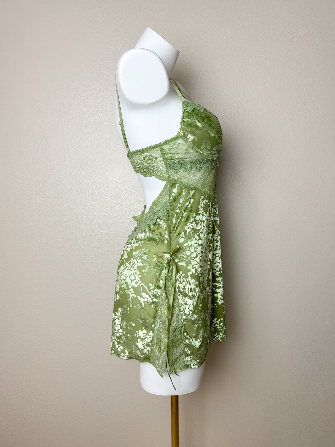 Side view of Green Sheer Velvet Lace-Panel Slip