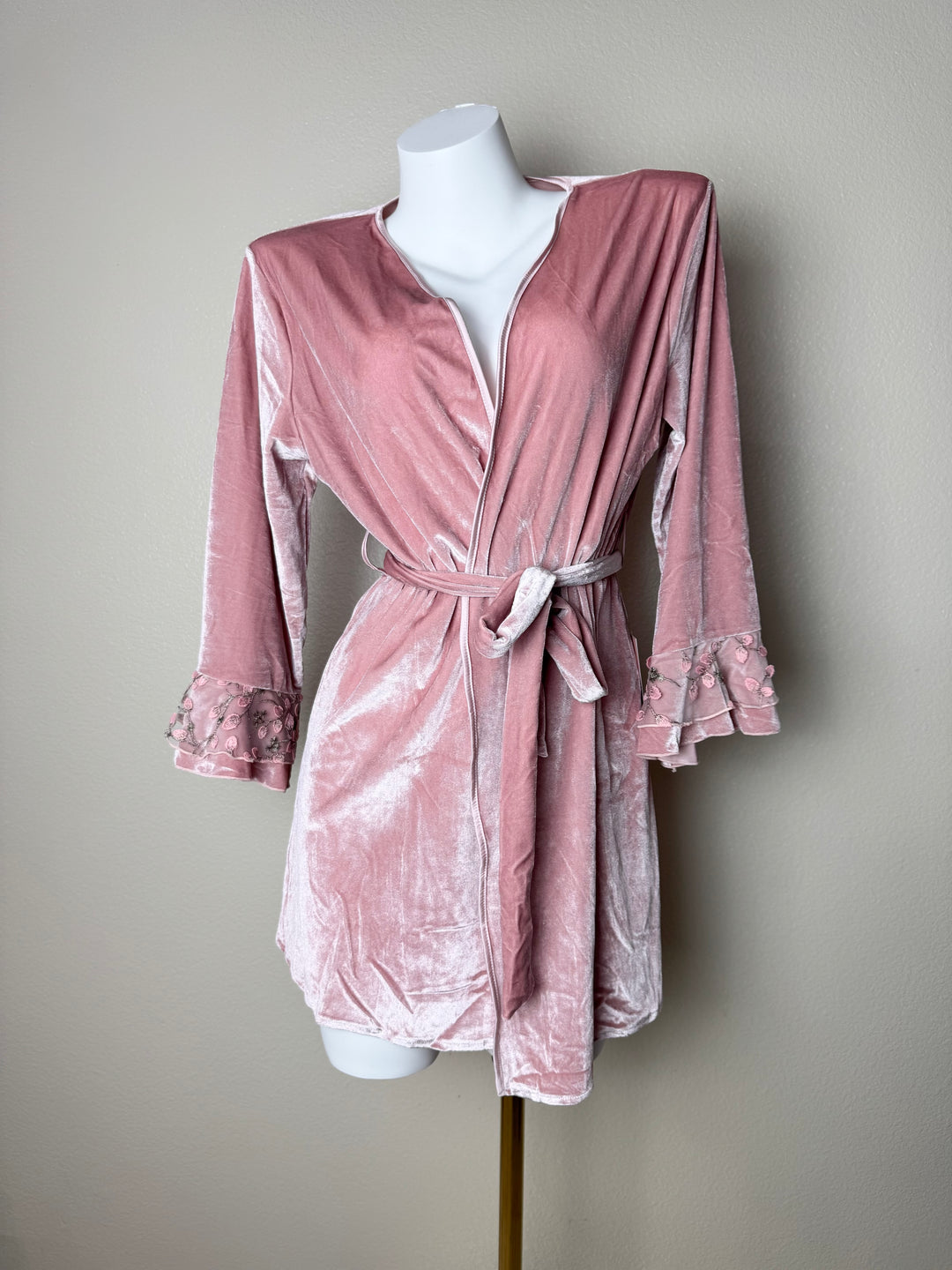 Pink velvet Floral Robe front view