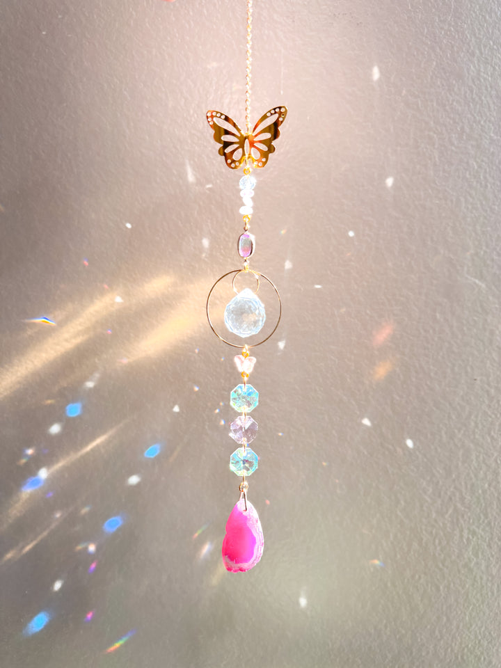 Pink Butterfly Agate Stone Suncatcher