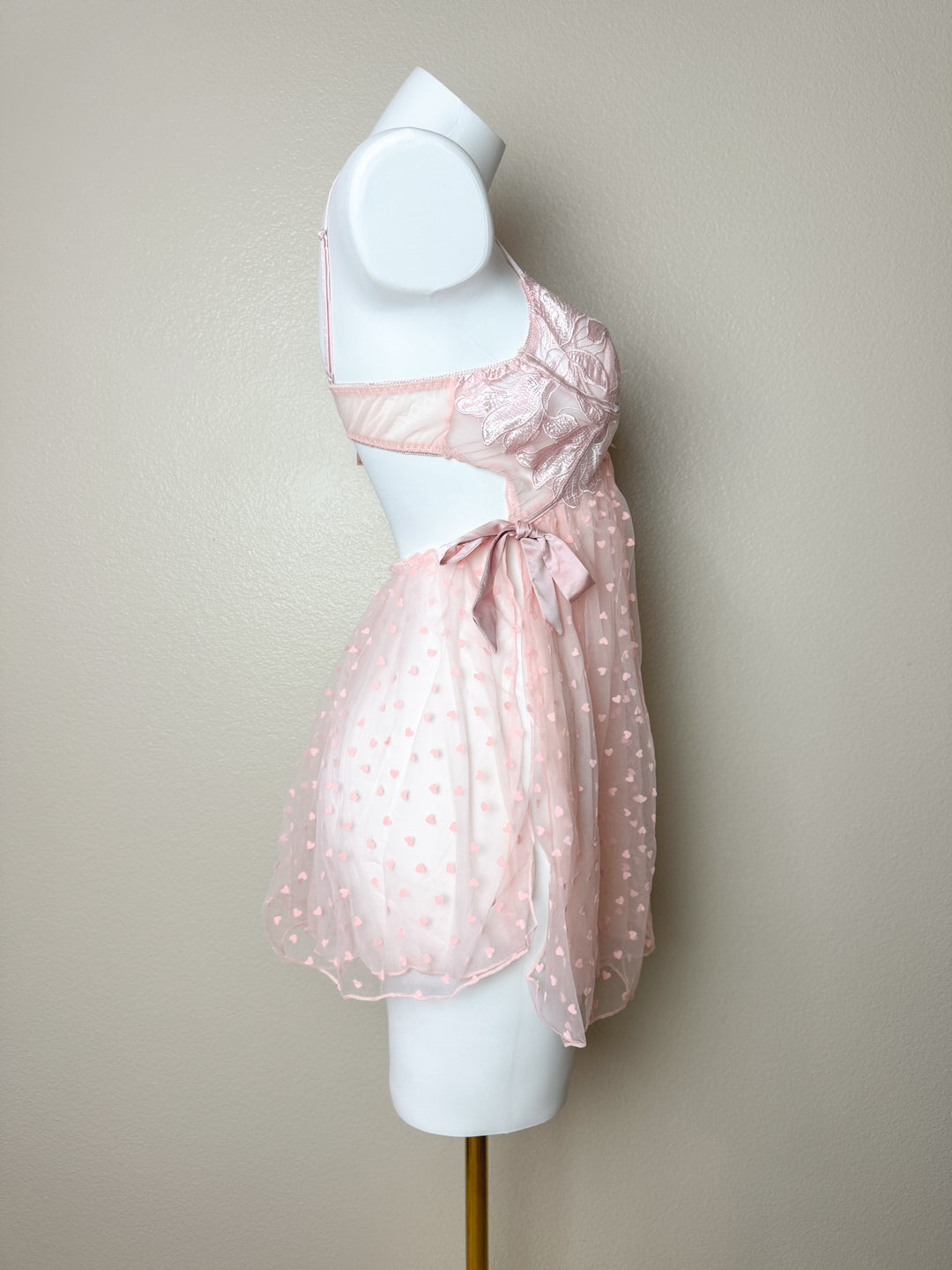Pink Sheer Heart Pattern Side Slit Mesh Babydoll Side view