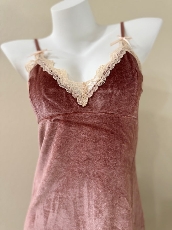 Pink Velvet Lace-Trim Front Slit Slip