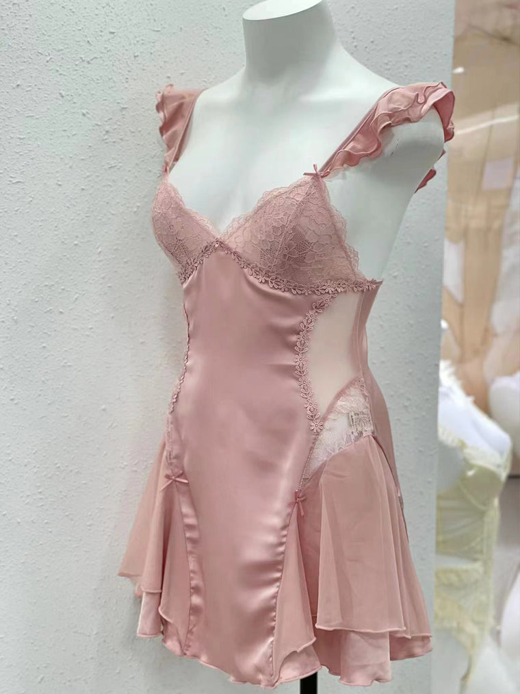 Pink Lace & Mesh Detail Slip Dress