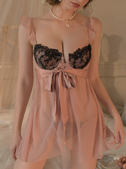 Pink Tie Front Slit Babydoll