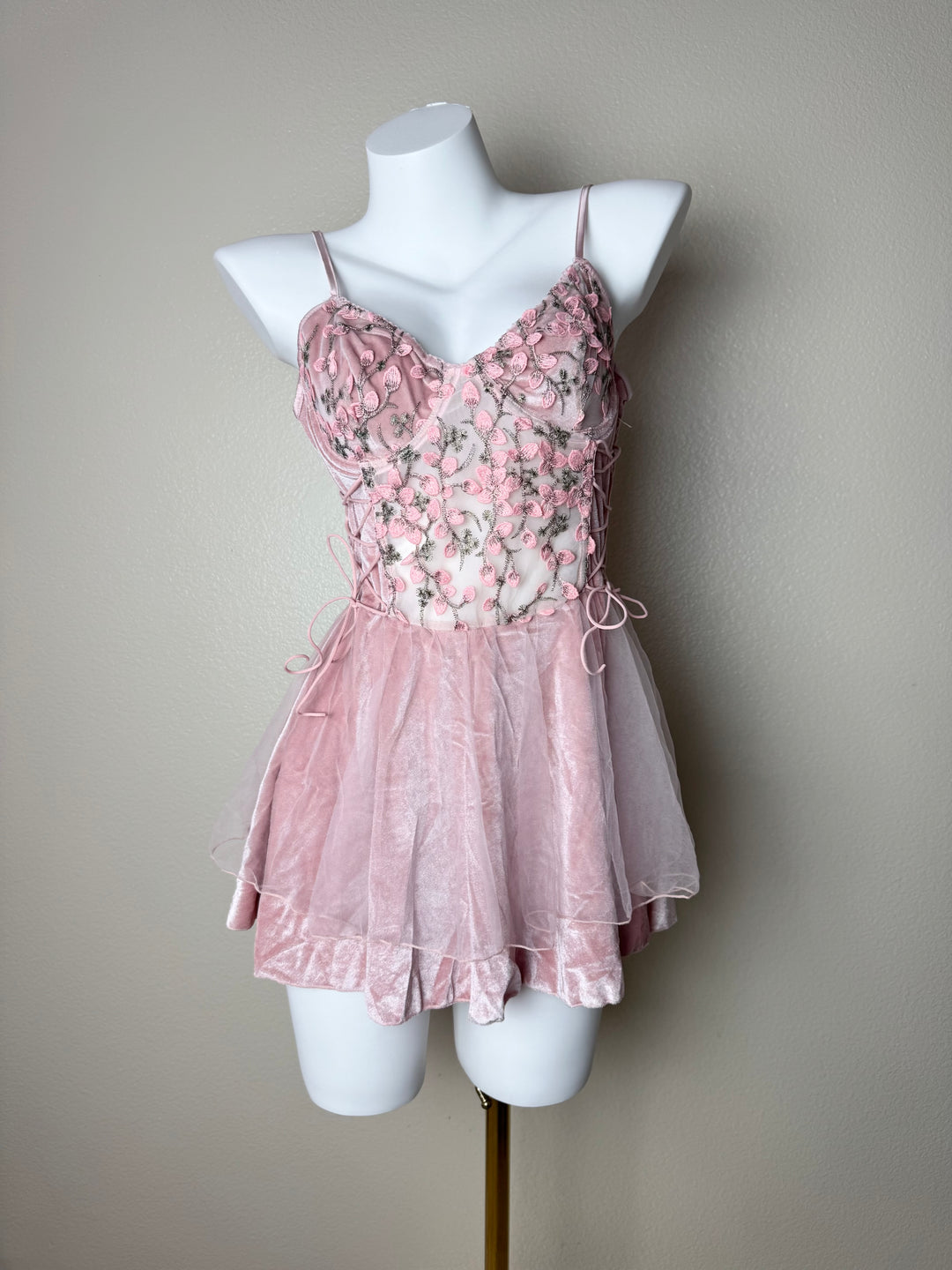 Pink velvet Floral Babydoll front view