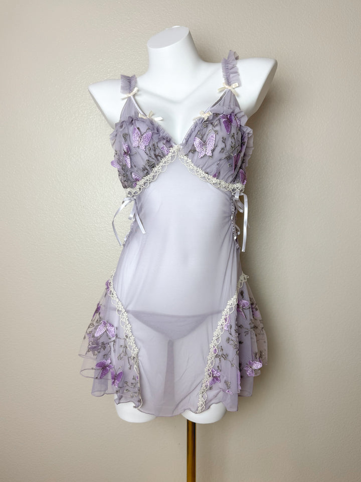 Sheer Butterfly Embroidered Crisscross Mesh Slip