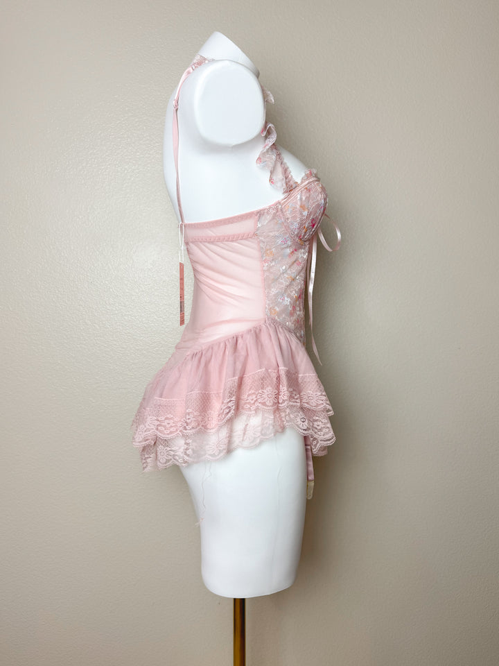 side view of Floral Corset Top with Garters