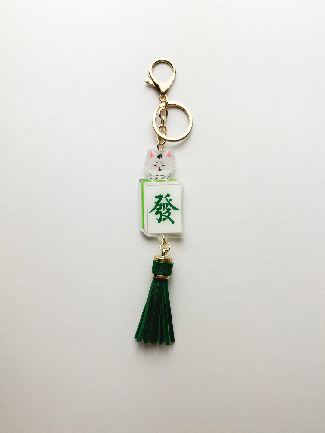 Lucky Cat Green Dragon Mahjong Tile Keychain