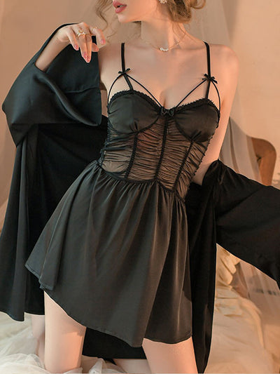 Black Mesh Fold Slip Dress