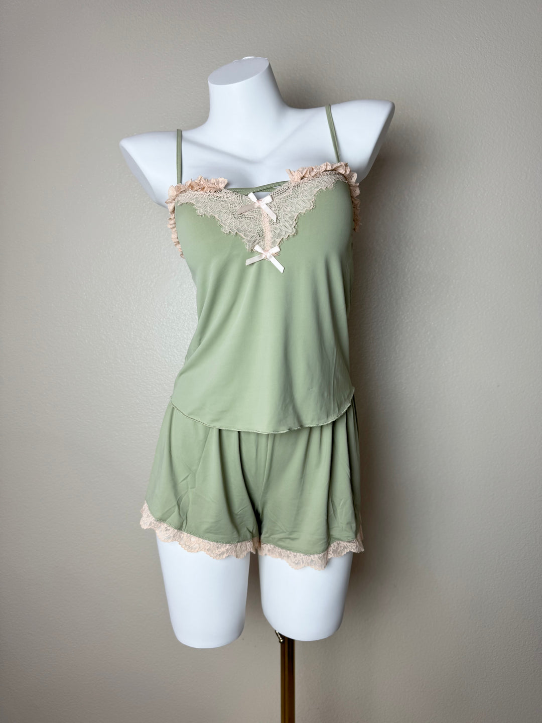 Green Stretchy Lace-Trim Cami Set