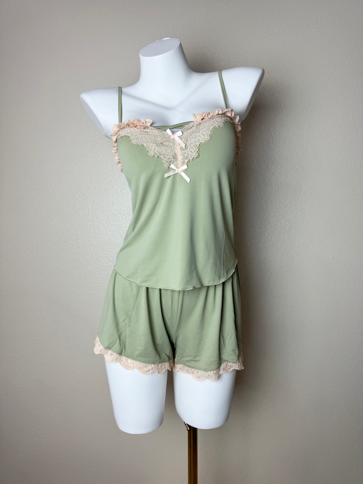 Green Stretchy Lace-Trim Cami Set