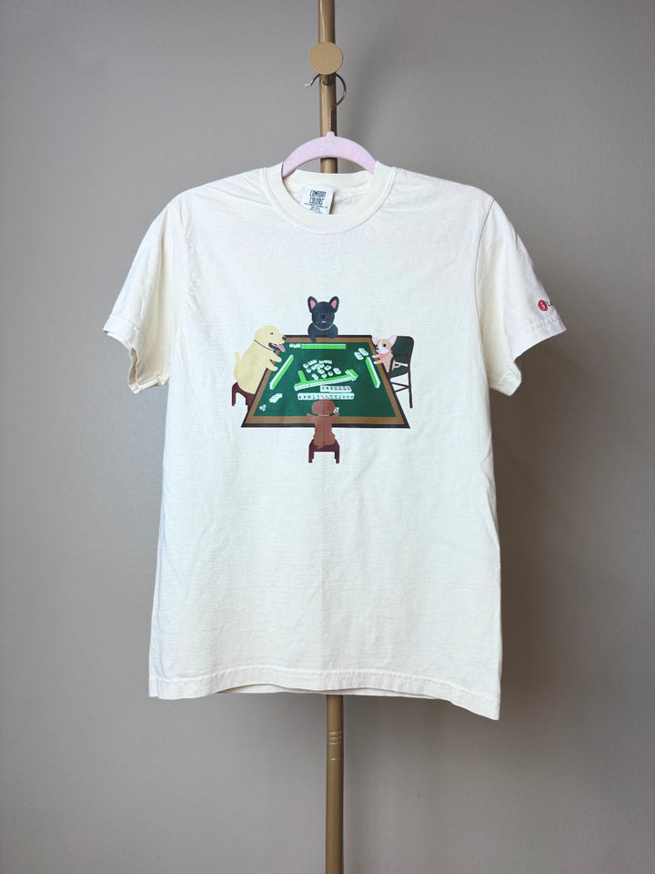 Dogs Playing Mahjong Unisex Heavyweight T-shirt Ivory Color