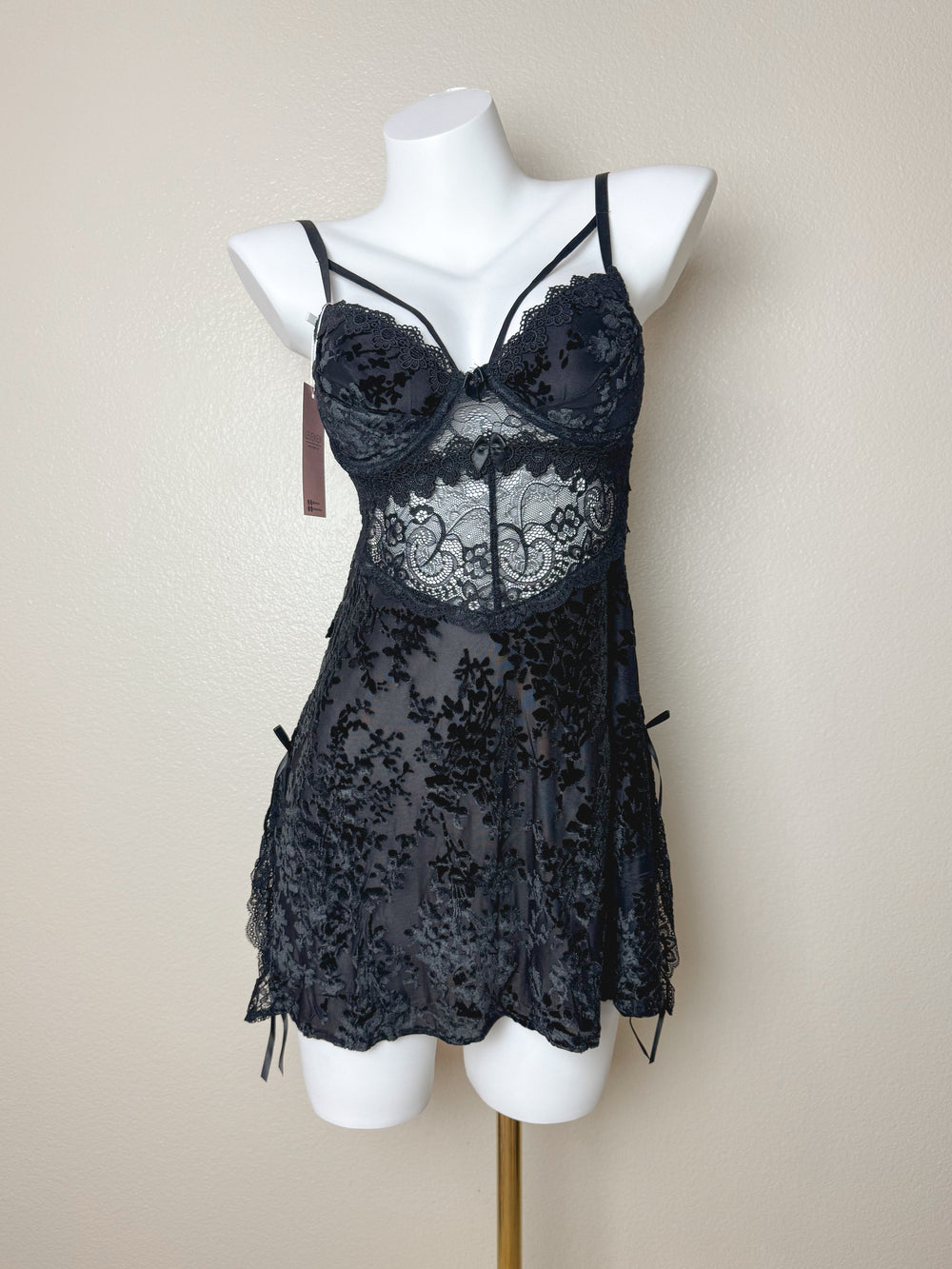 Black Sheer Velvet Lace-Panel Slip