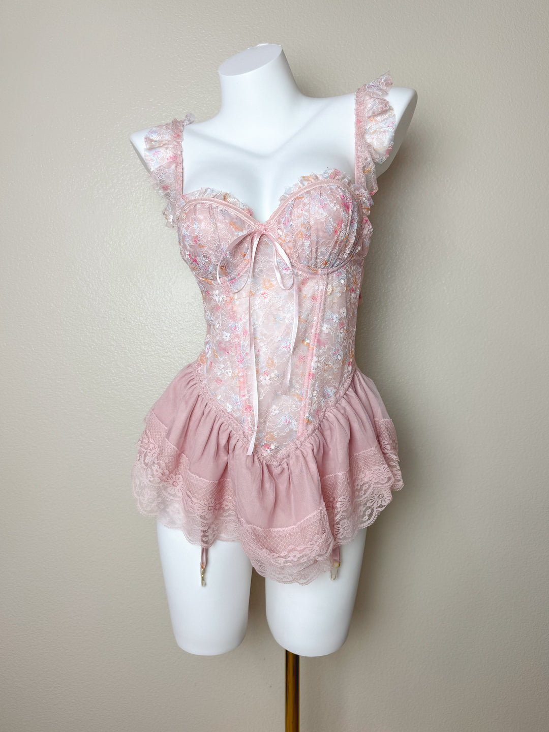 Pink Floral Corset Top with Garters