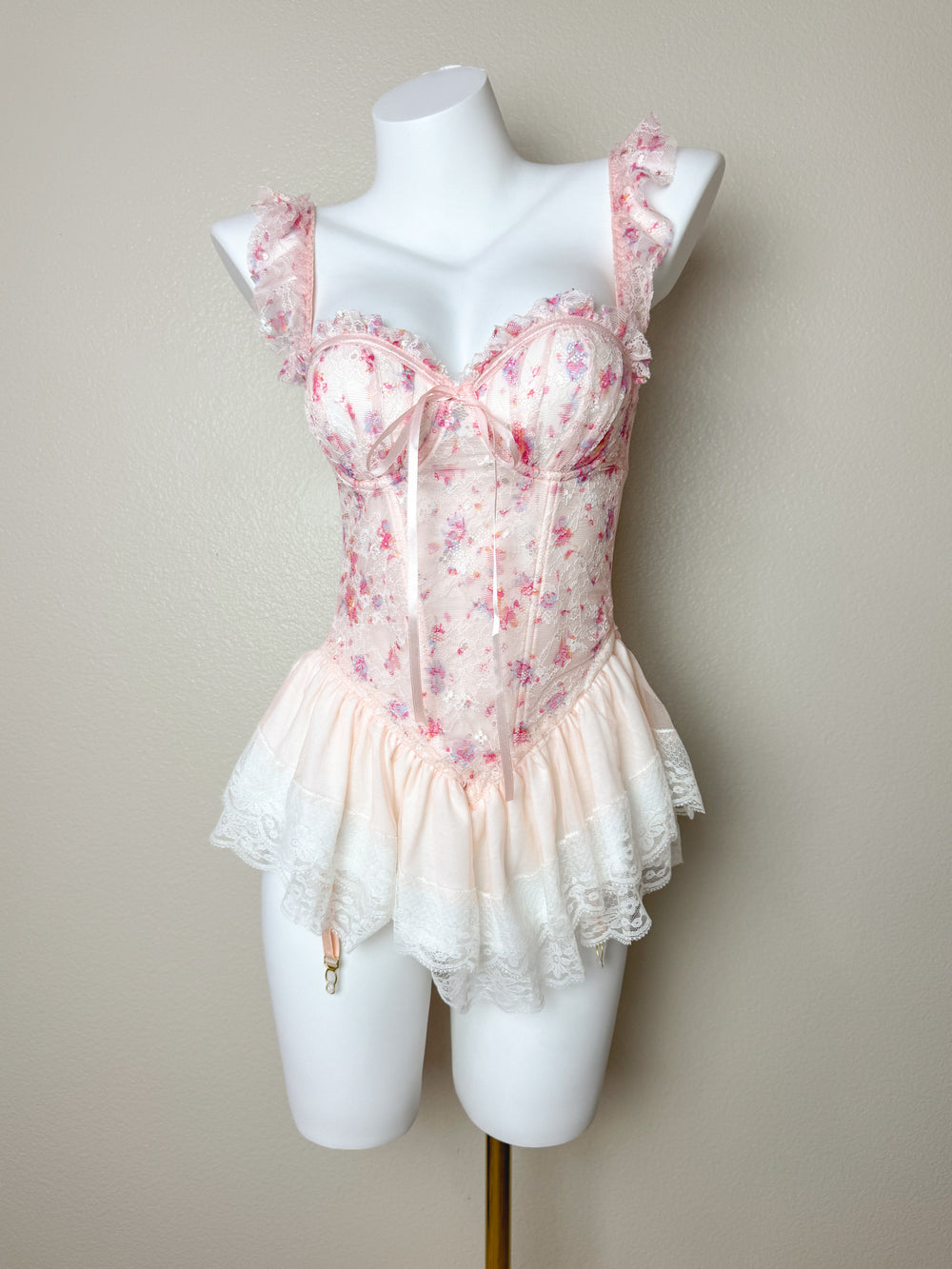 Beige Floral Corset Top with Garters