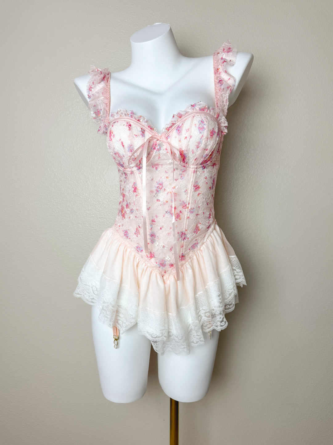 Beige Floral Corset Top with Garters