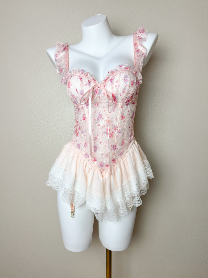 Beige Floral Corset Top with Garters
