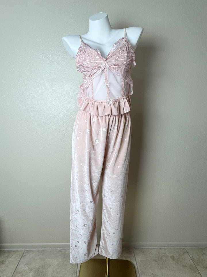 Long Velvet Butterfly Pattern Cami Set Front View