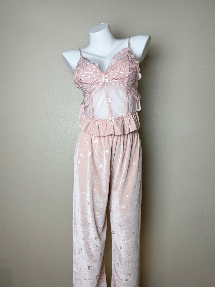 Long Velvet Butterfly Pattern Cami Set 