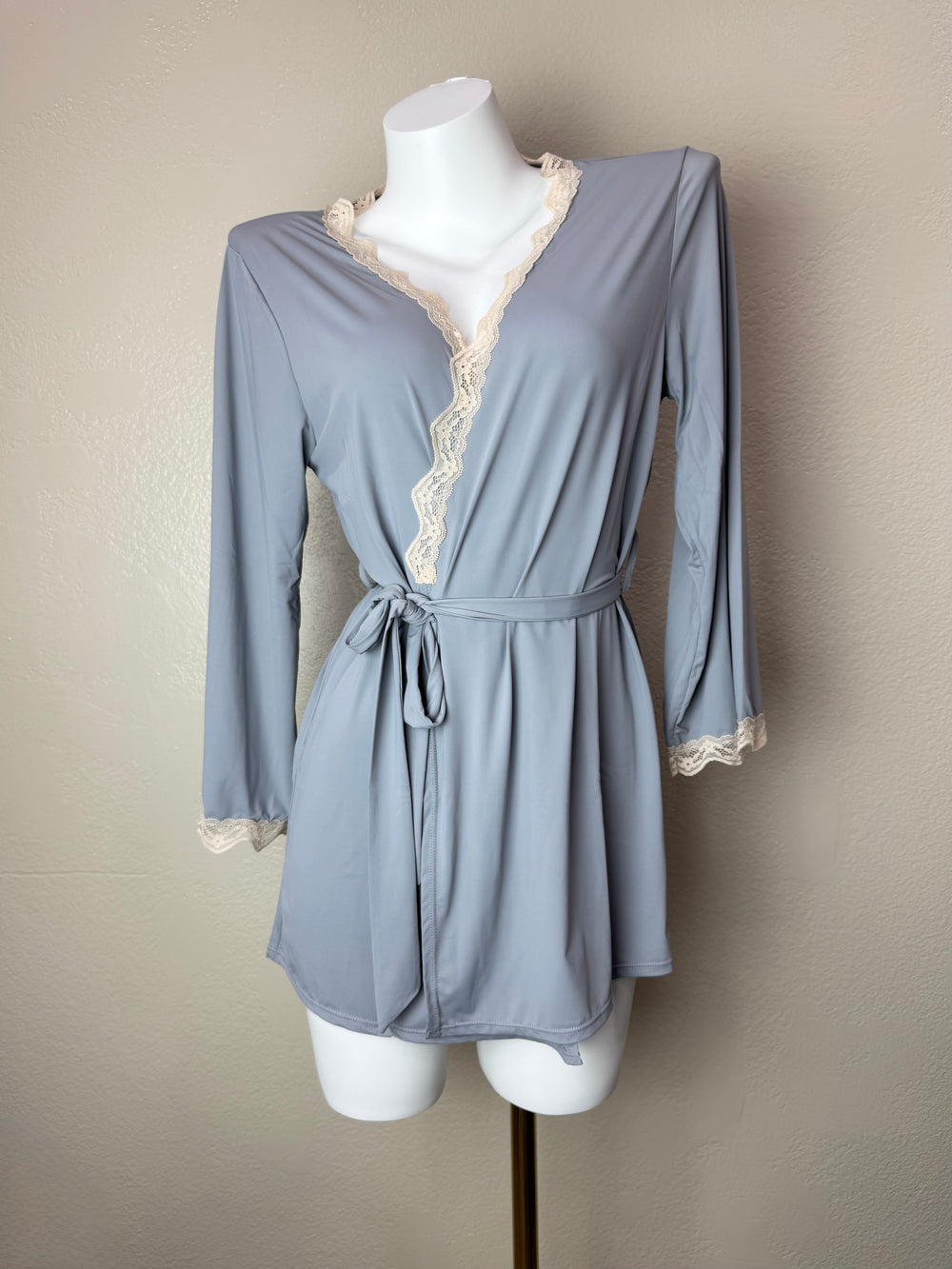 Blue Stretchy Lace-Trim Robe