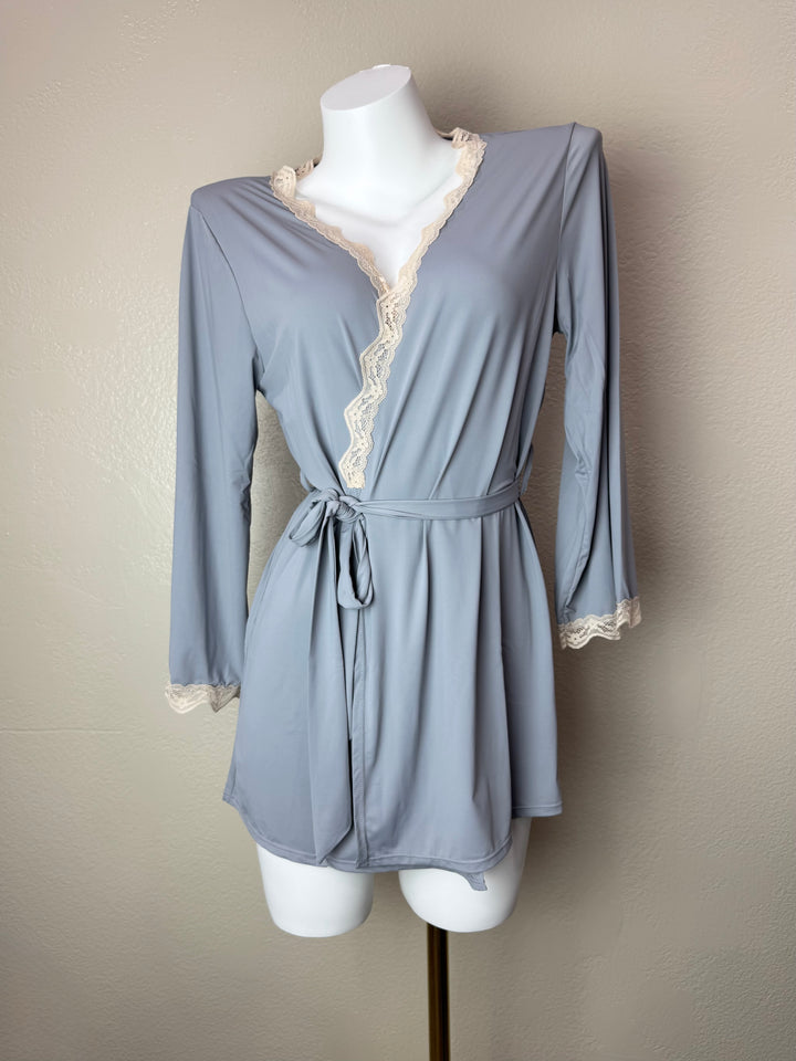 Blue Stretchy Lace-Trim Robe