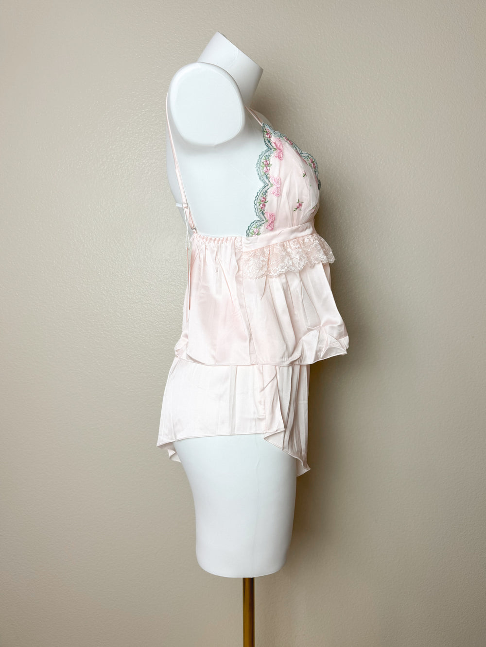 side view of Pink Floral Embroidered Cami Set