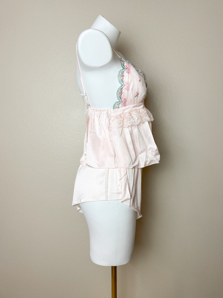 side view of Pink Floral Embroidered Cami Set