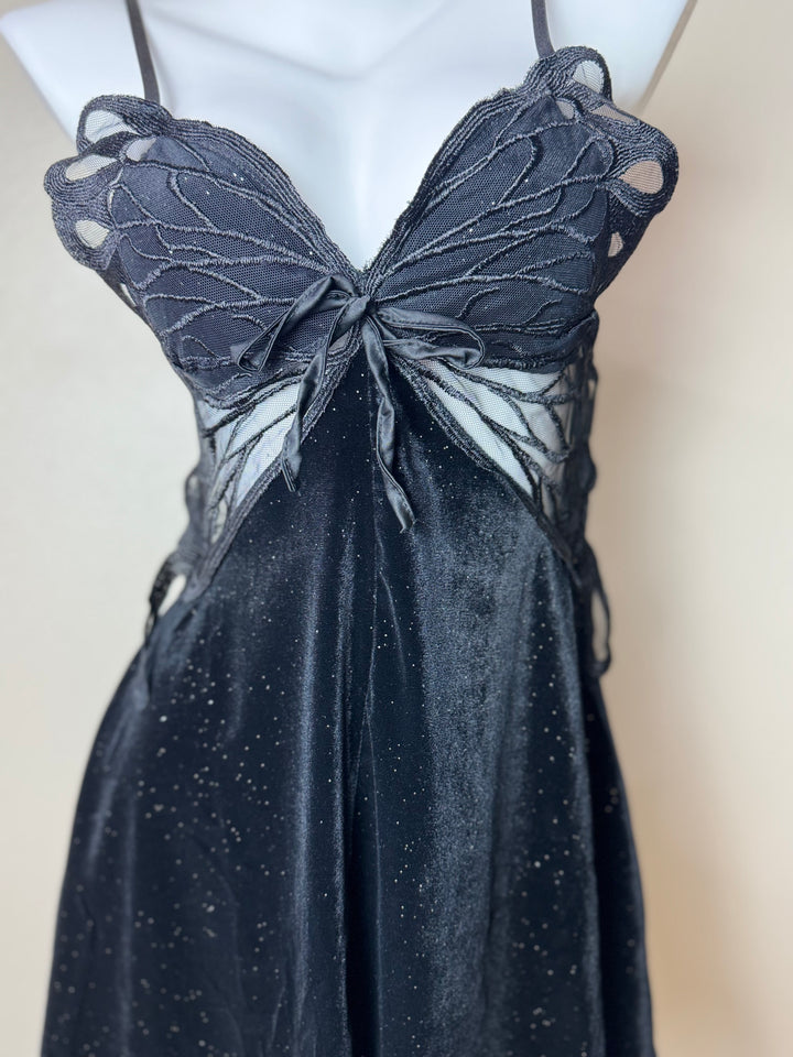 Black Sparkles Asymmetrical Velvet Butterfly Slip 