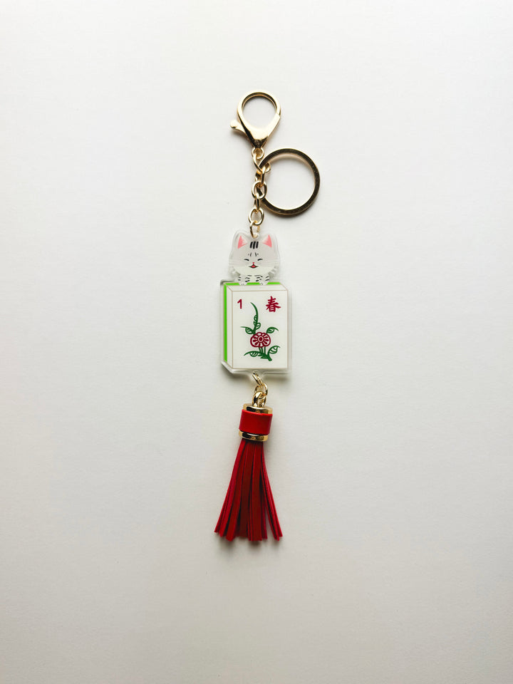 Lucky Cat Flower (Spring) Mahjong Tile Keychain