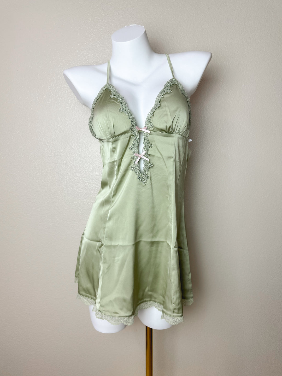 Green Plunge Lace-Trim Cross Back Slip