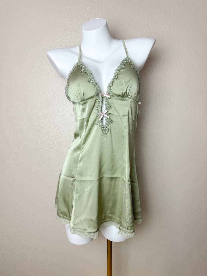 Green Plunge Lace-Trim Cross Back Slip