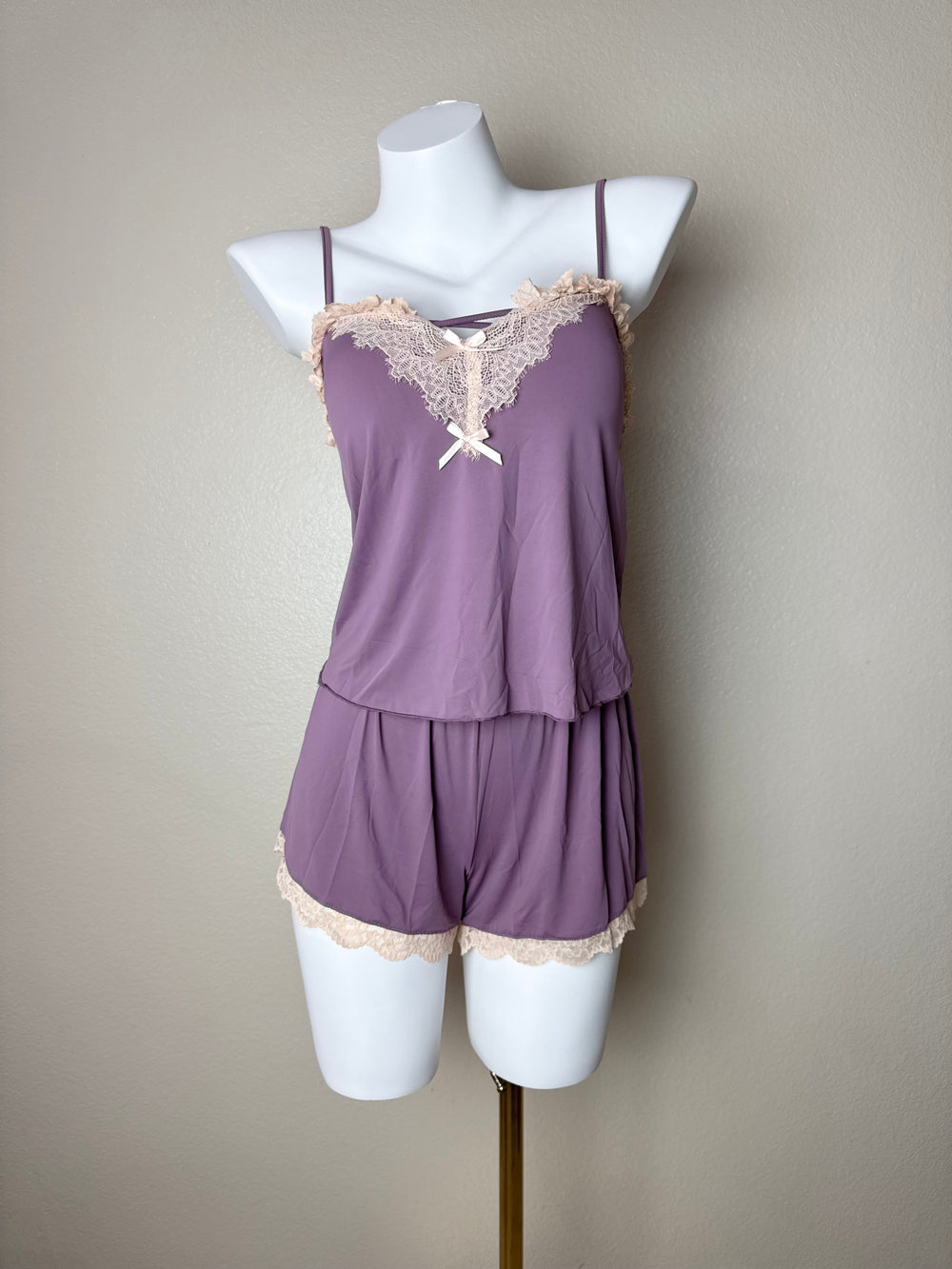 Purple Stretchy Lace-Trim Cami Set