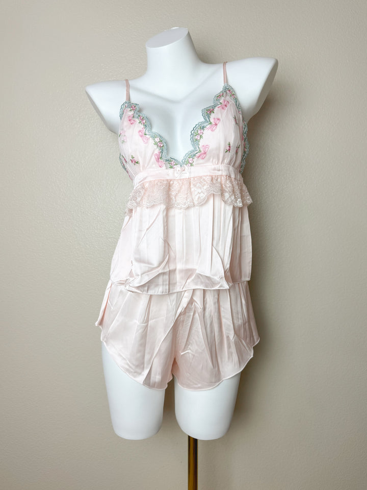 Pink Floral Embroidered Cami Set