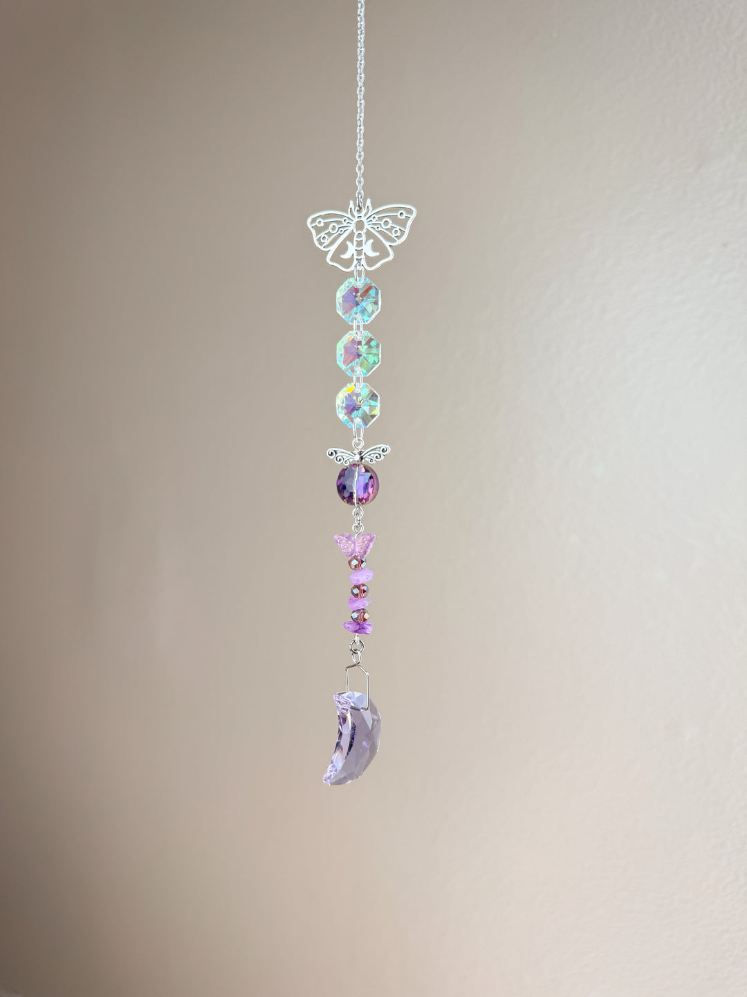 Purple Butterfly Moon Crystal Suncatcher
