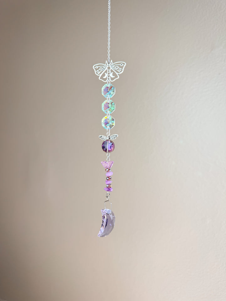 Purple Butterfly Moon Crystal Suncatcher