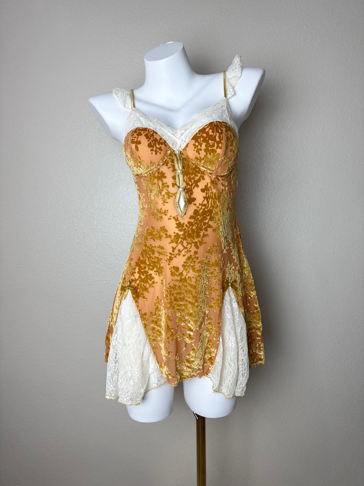 Yellow Velvet Lace-Trim Slip