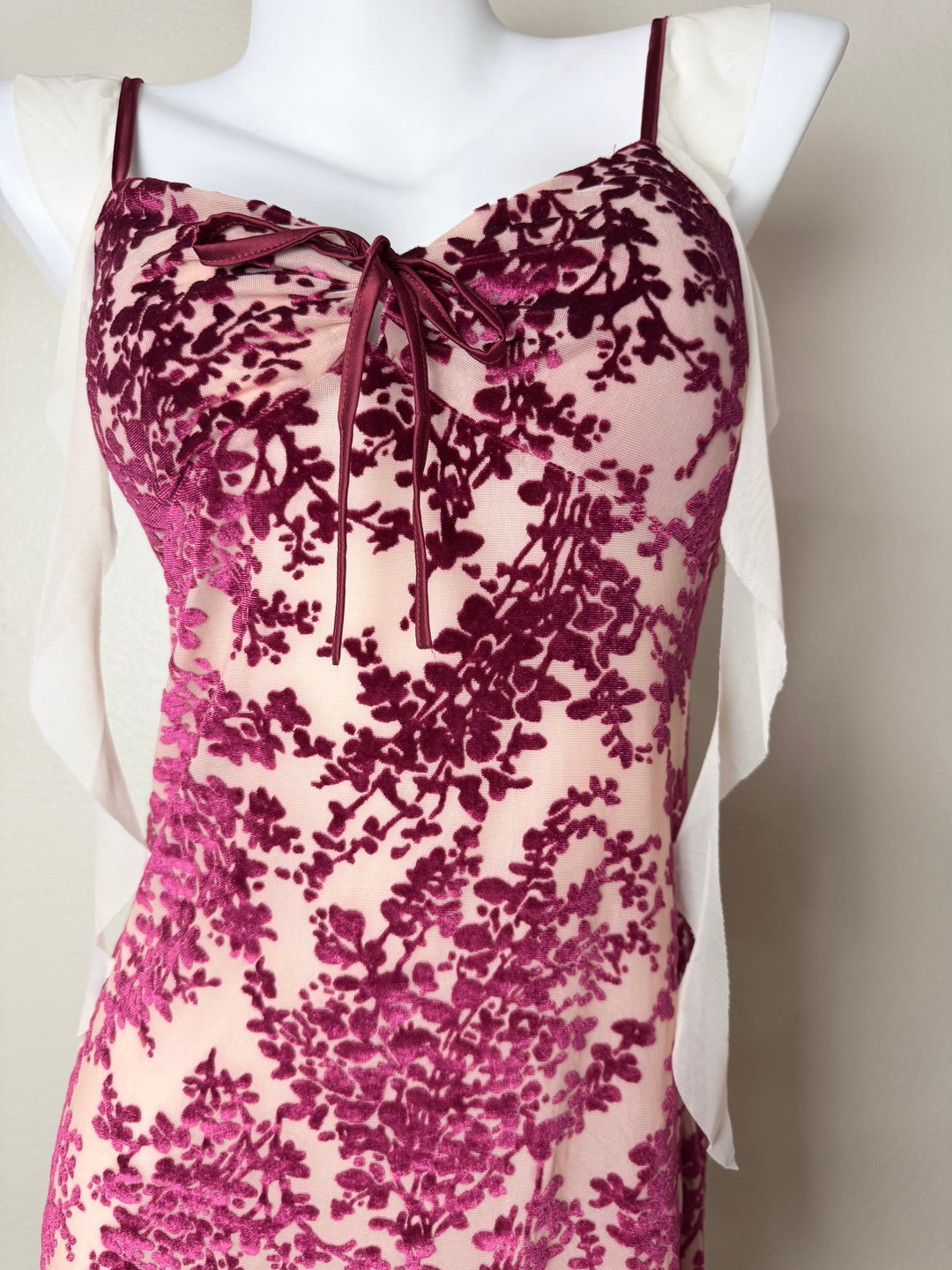 Red Mesh Detail Velvet Slip front view